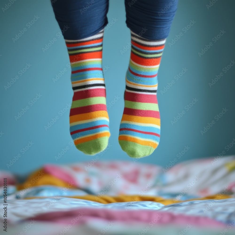 Joyful Jumping in Striped Socks on Bed Joyful Jumping in Striped Socks on Bed
