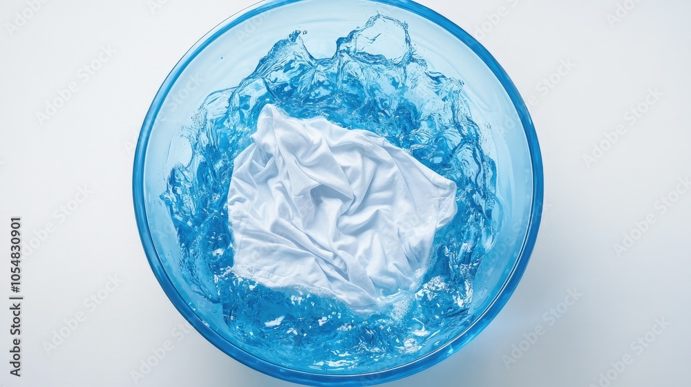 A top-down view of a white shirt being washed in a blue bath of laundry detergent, isolated on a white background with soft lighting A top-down view of a white shirt being washed in a blue bath of laundry detergent, isolated on a white background with soft lighting