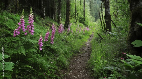 A serene forest pathway adorned with vibrant purple flowers, inviting nature lovers to explore the lush green surroundings. photo