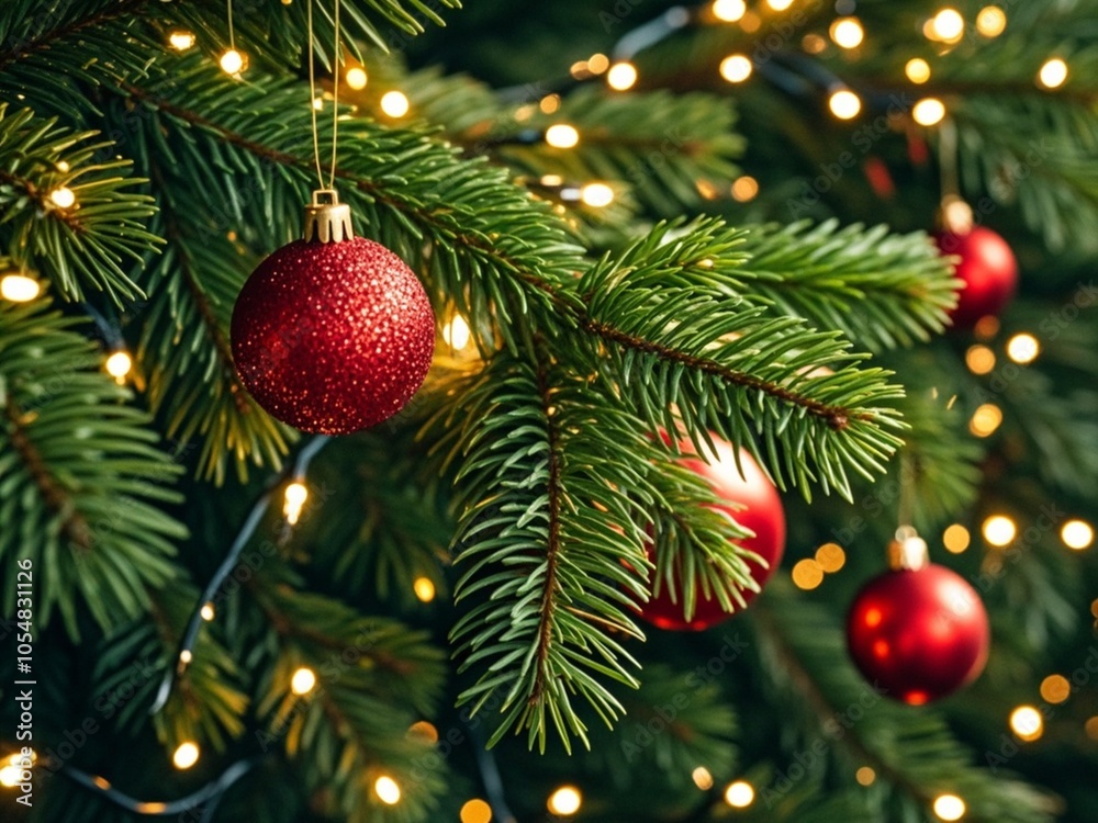 Beautiful festive decorations on the Christmas tree. Close-up. Beautiful Christmas background. The concept of decorations and decor for the new year. New Year's Card 2025