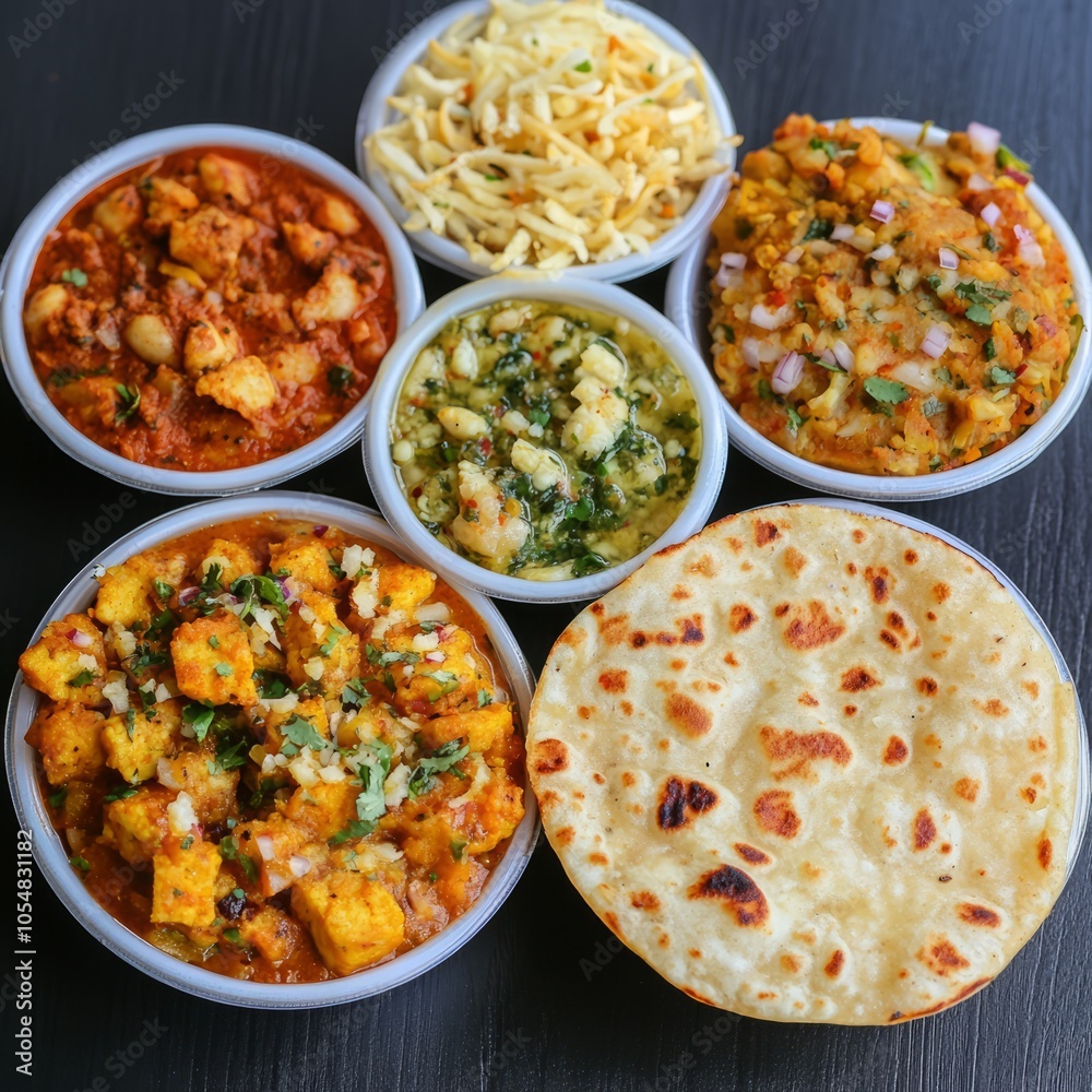 A vibrant assortment of Indian dishes served in bowls with a flatbread. A vibrant assortment of Indian dishes served in bowls with a flatbread.