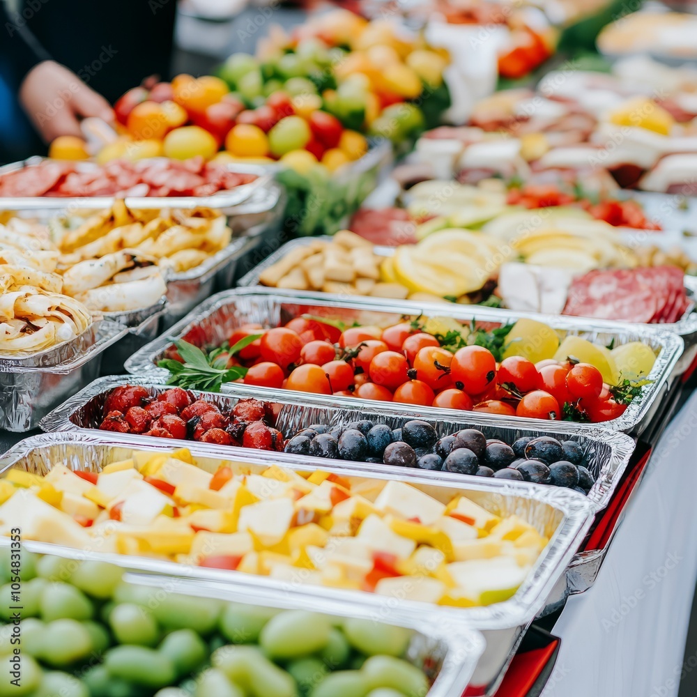 A vibrant display of assorted fruits and snacks at a buffet table. A vibrant display of assorted fruits and snacks at a buffet table.
