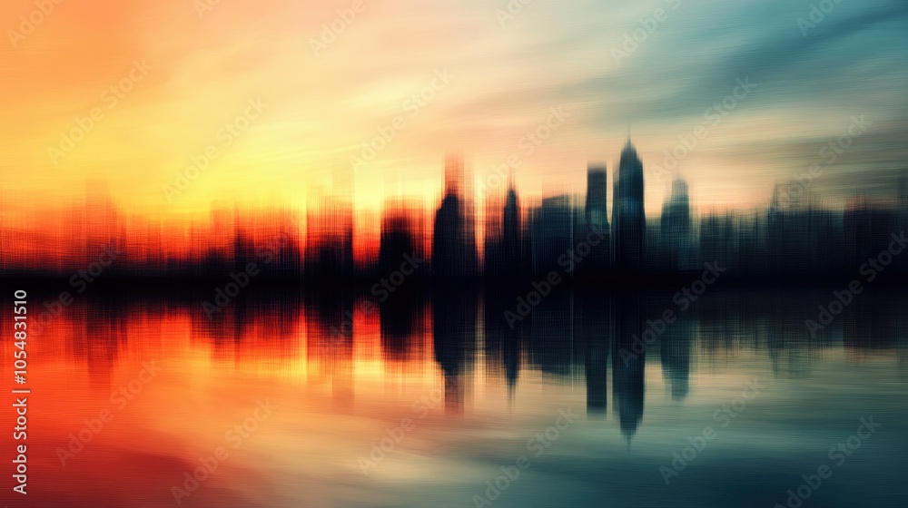 A tranquil sunset scene showcasing the blurred outline of city buildings mirrored on water, evoking a sense of calm and urban beauty. A tranquil sunset scene showcasing the blurred outline of city buildings mirrored on water, evoking a sense of calm and urban beauty.
