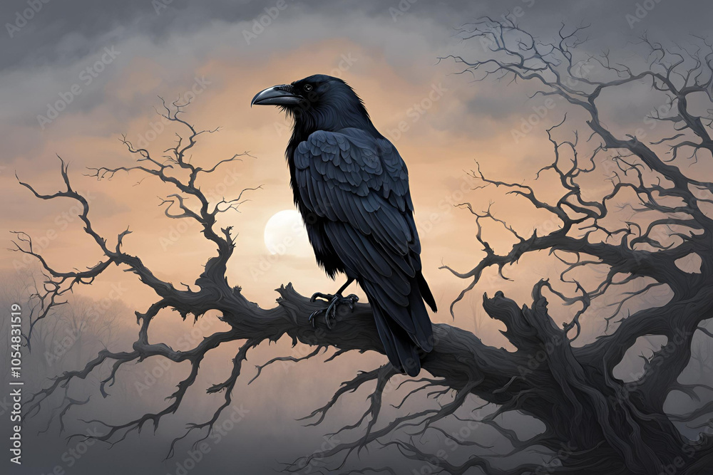 Naklejka premium A black raven illustration drawing animal