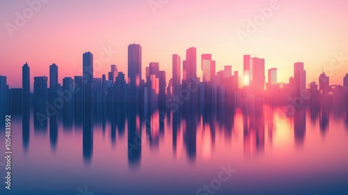 A tranquil sunset scene showcasing the blurred outline of city buildings mirrored on water, evoking a sense of calm and urban beauty.