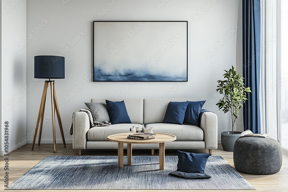 © Generative AI - Modern living room with blue accents and abstract painting in a stylish and inviting interior design : Generative AI © Generative AI - Modern living room with blue accents and abstract painting in a stylish and inviting interior design : Generative AI