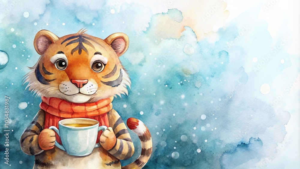 Watercolor tiger clipart holding cocoa mug isolated with soft texture Watercolor tiger clipart holding cocoa mug isolated with soft texture