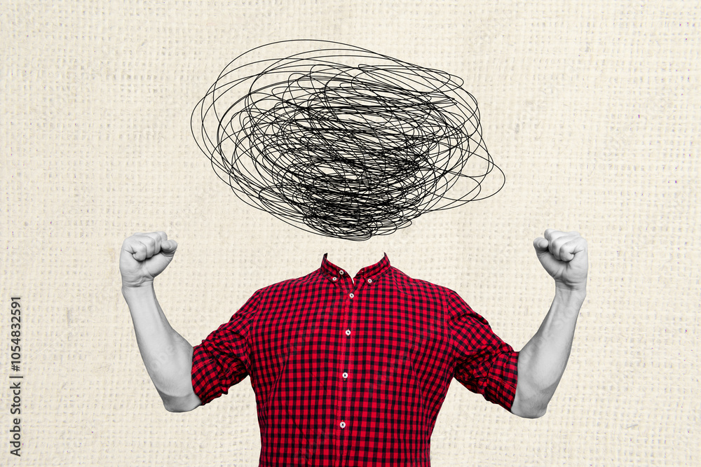 Fototapeta premium Composite trend artwork 3D image photo collage of young guy caricature headless mess line pressure mental problem depression fist gesture