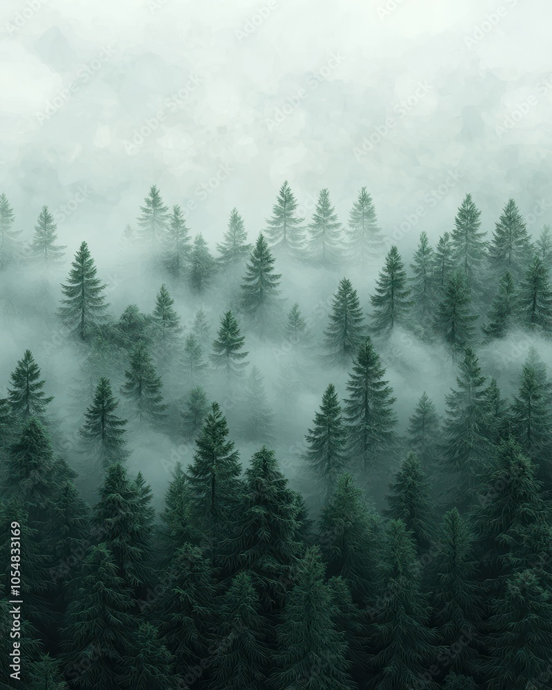 Fototapeta premium Misty forest with dense evergreen trees ambient nature
