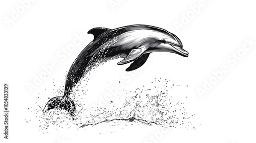 Minimalist outline of a dolphin jumping from water, showing joy and energy photo