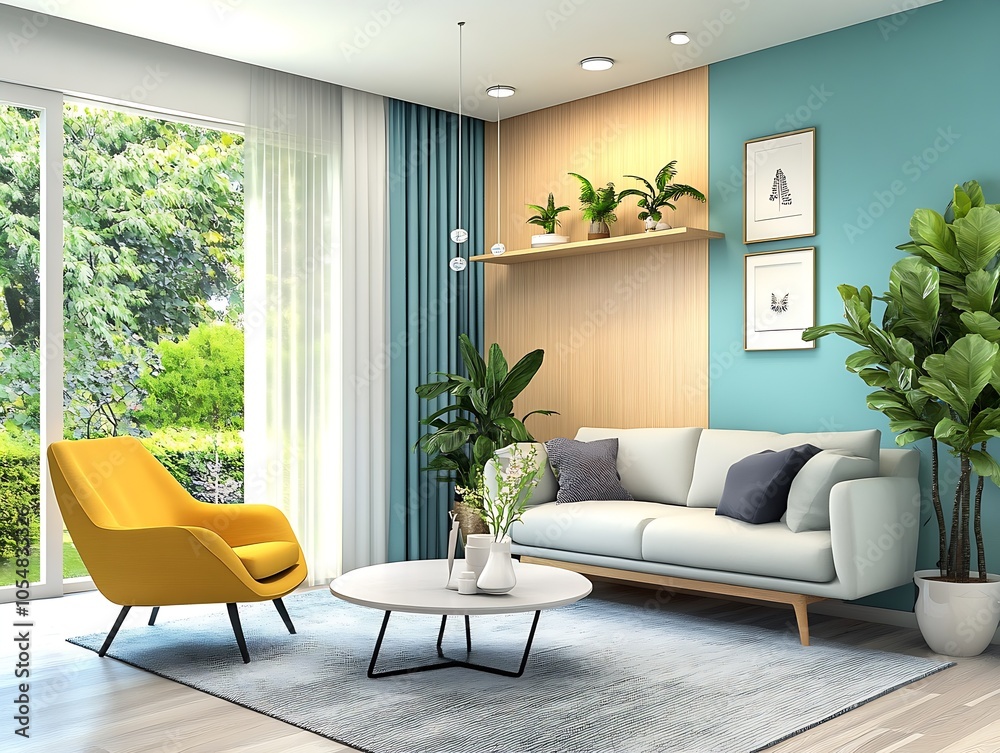 Stylish Living Room with Modern Blue and Yellow Furniture Green Plants and Natural Light : Generative AI Stylish Living Room with Modern Blue and Yellow Furniture Green Plants and Natural Light : Generative AI