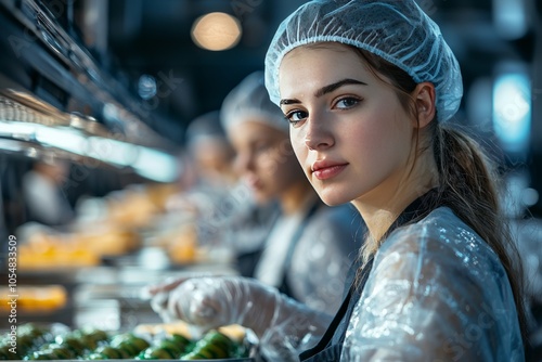 Assembly line workers in a food processing plant packaging products. The workers are wearing hairnets and gloves photo