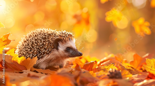 A cute hedgehog nestled in autumn leaves with a picturesque fall landscape in the background. Banner with space for text. photo