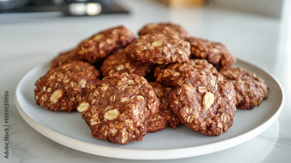 A visually appealing plate of biscuits featuring oats, bananas, and nuts, perfect for a healthy indulgence that combines flavor and nutrition. A visually appealing plate of biscuits featuring oats, bananas, and nuts, perfect for a healthy indulgence that combines flavor and nutrition.
