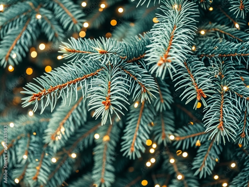 Fluffy branches of a spruce or fir-tree with christmas lights. Christmas wallpaper or postcard concept. Close-up.