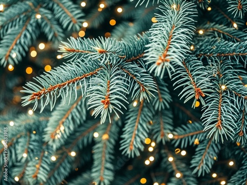 Obraz na płótnie Fluffy branches of a spruce or fir-tree with christmas lights. Christmas wallpaper or postcard concept. Close-up. w salonie