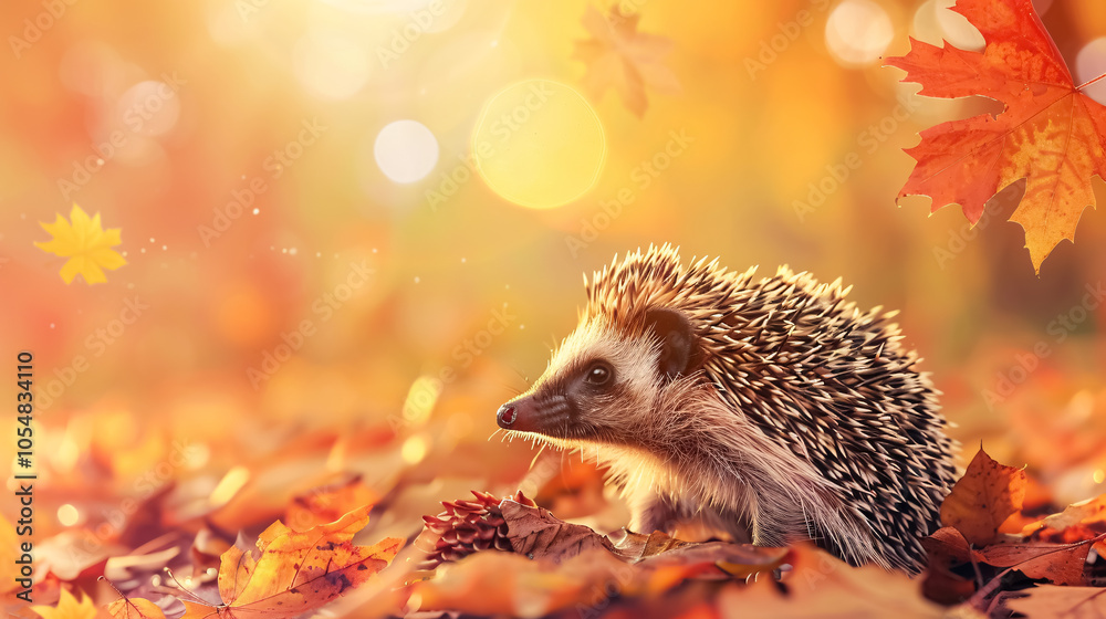A cute hedgehog nestled in autumn leaves with a picturesque fall landscape in the background. Banner with space for text.