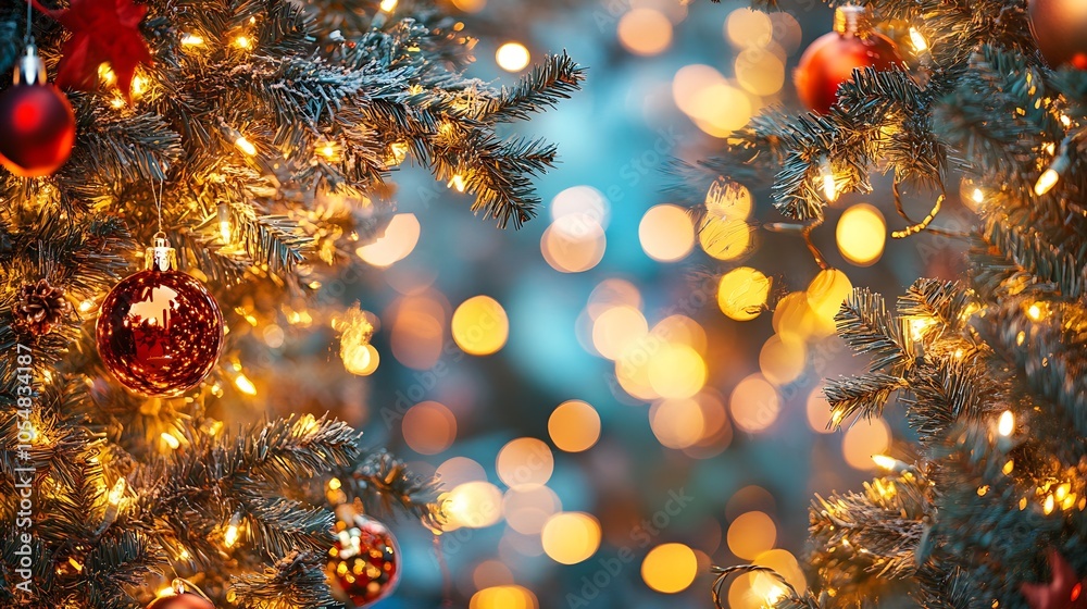 Magical Christmas Lights and Ornaments Background with Warm Golden Bokeh : Generative AI Magical Christmas Lights and Ornaments Background with Warm Golden Bokeh : Generative AI