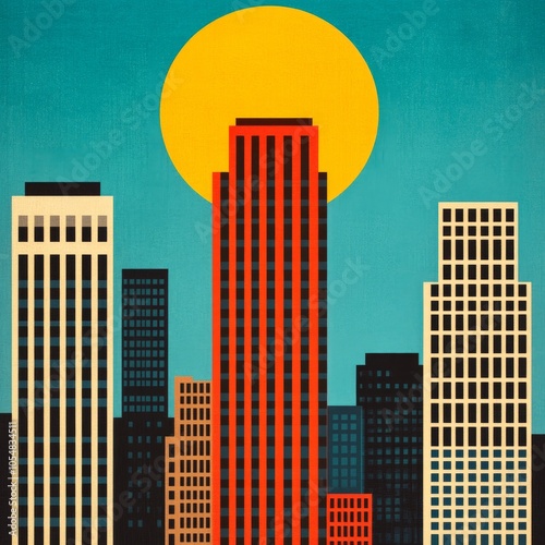 A stylized city skyline with a large sun in a vibrant color palette. photo