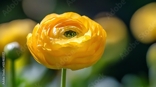 A vibrant yellow ranunculus flower blooming gracefully in a lush garden setting, showcasing its delicate petals and rich colors. photo
