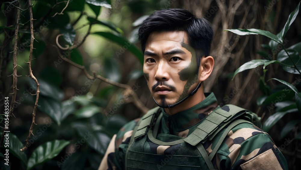 Obraz premium Intense Man in Camouflage Stares into the Wilderness
