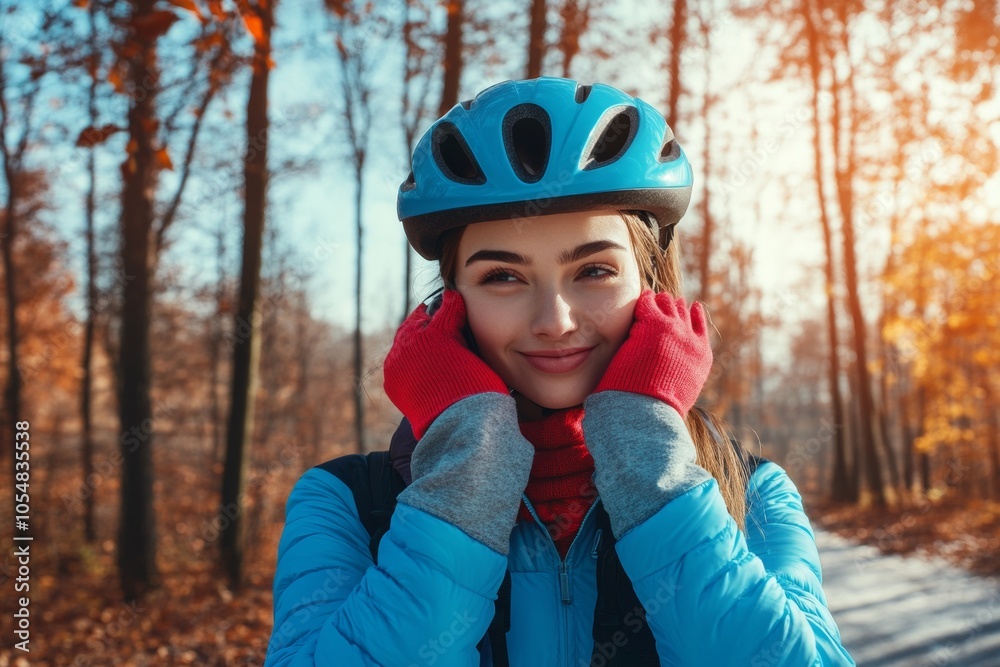 Female Cyclist Adjusting Helmet in Autumn Forest Trail Female Cyclist Adjusting Helmet in Autumn Forest Trail