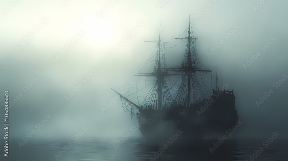 Creepy pirate ghost ship sailing through foggy waters, pirate, ghost, ship, spooky, haunted, abandoned, eerie, ocean, sea. Ghost Ship. Illustration Creepy pirate ghost ship sailing through foggy waters, pirate, ghost, ship, spooky, haunted, abandoned, eerie, ocean, sea. Ghost Ship. Illustration