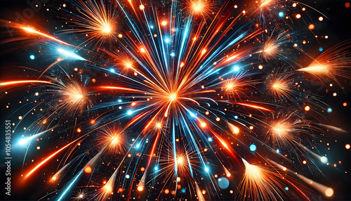 A vibrant display of fireworks bursting in a dark sky, featuring bright colors and dynamic patterns.