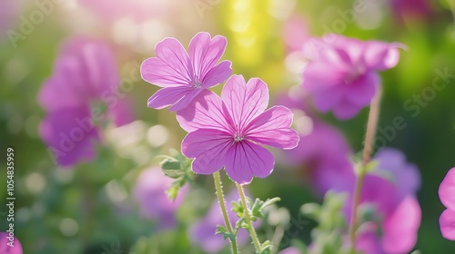 Beautiful pink flowers blooming in soft sunlight, creating a serene and vibrant atmosphere in nature's garden.