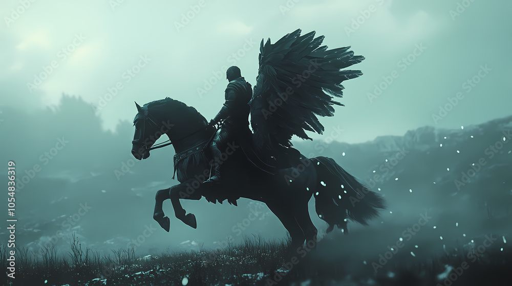 Dark rider with his dark horse - ai generative photo - midjourney. Pegasus Rider. Illustration Dark rider with his dark horse - ai generative photo - midjourney. Pegasus Rider. Illustration