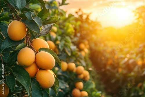 Ripe mango harvest at sunset in orchard