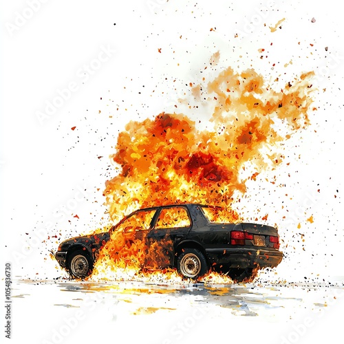 Car explosion with flames, white isolated background photo