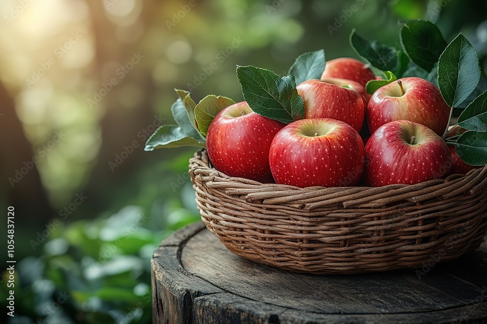A basket of apples sits on a wooden table A basket of apples sits on a wooden table
