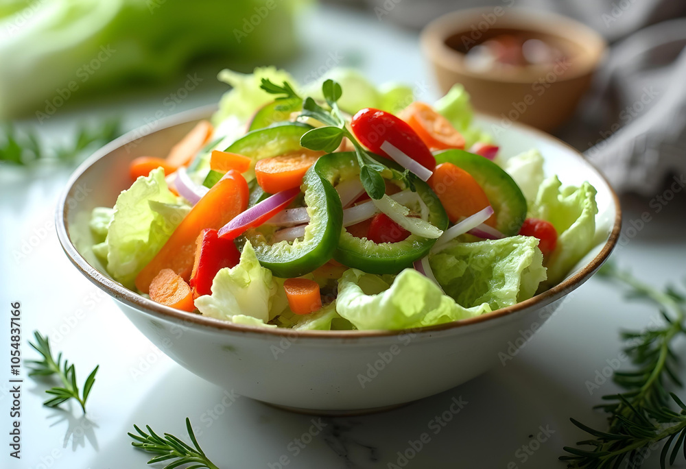 Fresh and vibrant salad featuring crisp lettuce, colorful bell peppers, cherry tomatoes, and sliced carrots, garnished with herbs, perfect for healthy meal Fresh and vibrant salad featuring crisp lettuce, colorful bell peppers, cherry tomatoes, and sliced carrots, garnished with herbs, perfect for healthy meal
