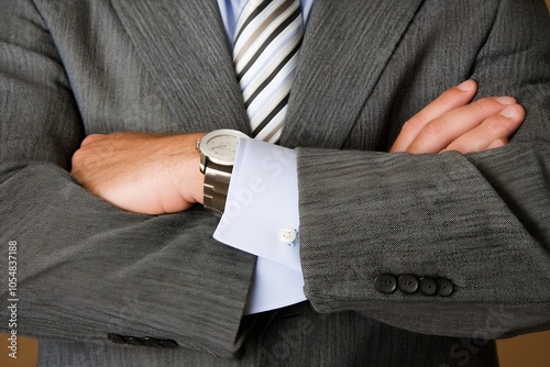 Businessman in formal grey suit with watch crossing arms in workplace setting : Generative AI