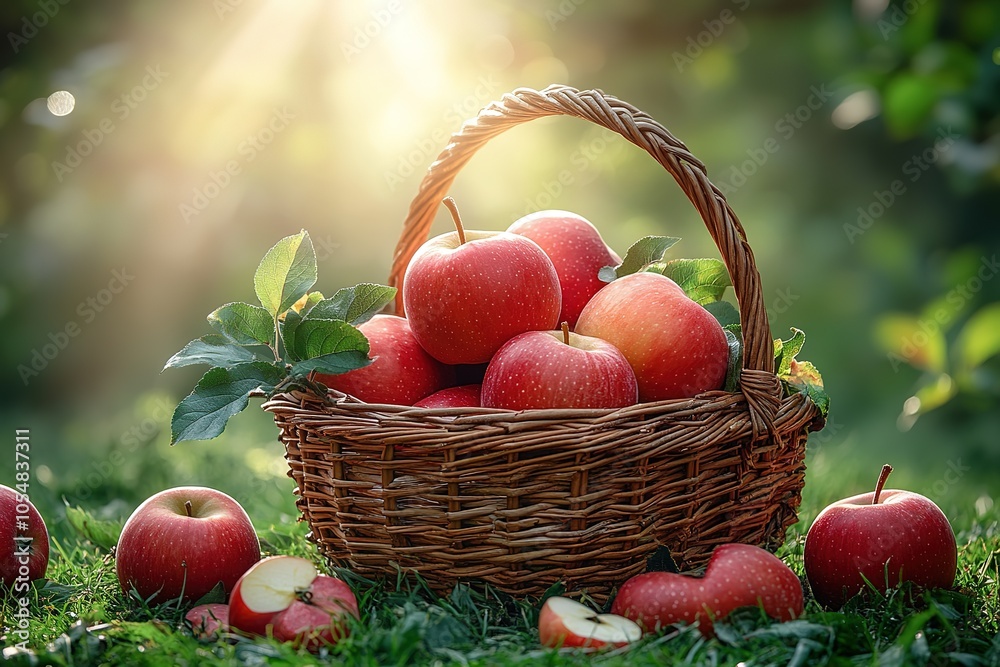 A basket full of apples is sitting on the grass