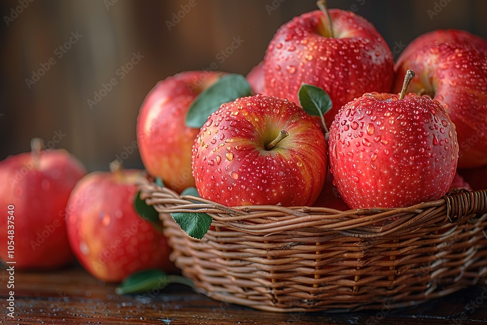 A basket of red apples with green leaves on top A basket of red apples with green leaves on top