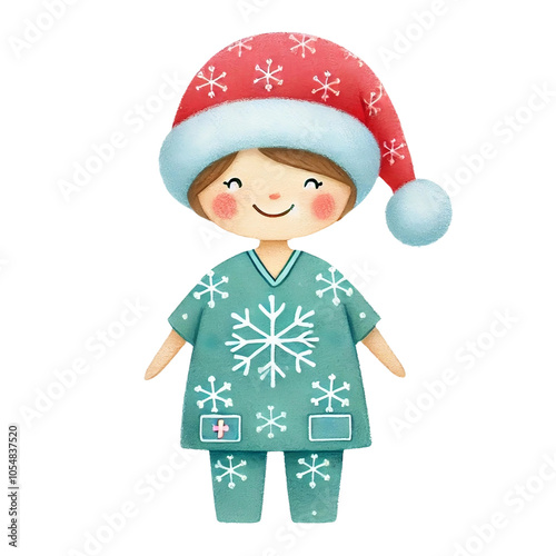 Smiling Character in Santa Hat and Snowflake Scrubs
