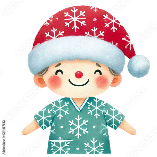 Smiling Character in Santa Hat and Snowflake Scrubs
