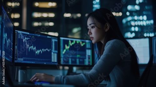 Woman Working Late at Night Analyzing Data