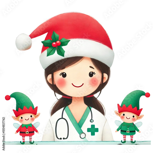 Wallpaper Mural Smiling Nurse in Santa Hat with Christmas Elves
 Torontodigital.ca