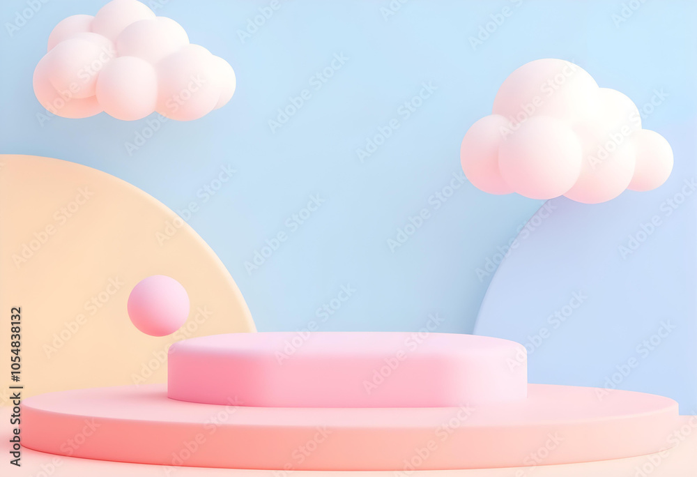 pastel rendering featuring circular podium surrounded by soft clouds and abstract shapes creates whimsical and serene atmosphere. This playful scene is perfect for showcasing products or designs pastel rendering featuring circular podium surrounded by soft clouds and abstract shapes creates whimsical and serene atmosphere. This playful scene is perfect for showcasing products or designs