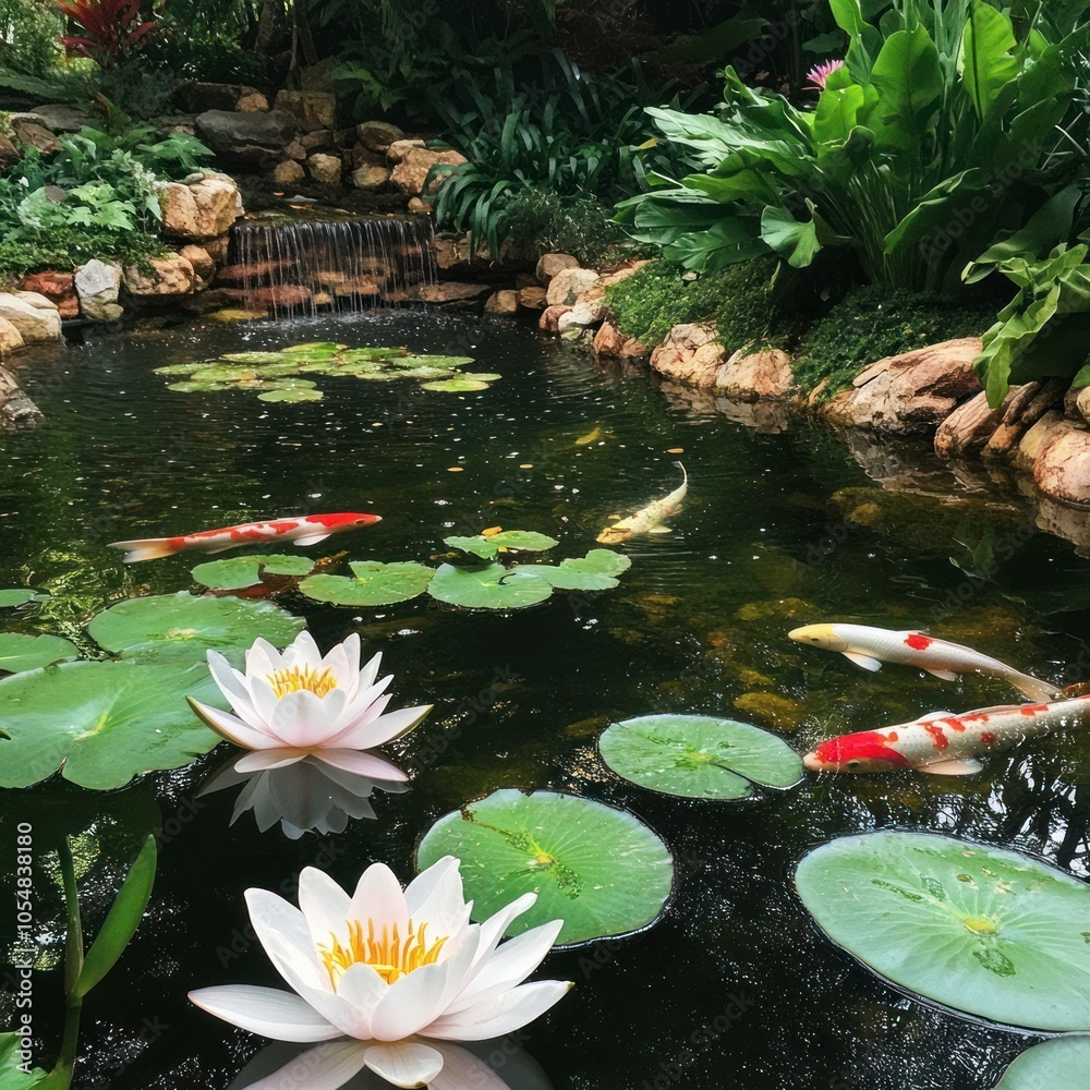 Water garden with koi pond and lilies Water garden with koi pond and lilies