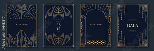 Luxury gold invitation card design vector. Abstract geometry frame and Art deco pattern background. Use for wedding invitation, cover, VIP card, gala, print, poster and wallpaper. Vector illustration.