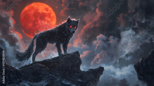 Fenrir with glowing eyes and dark fur standing on a rocky cliff, with a blood-red moon and ominous clouds , genetated by ai. Norse Frost Giant. Illustration photo