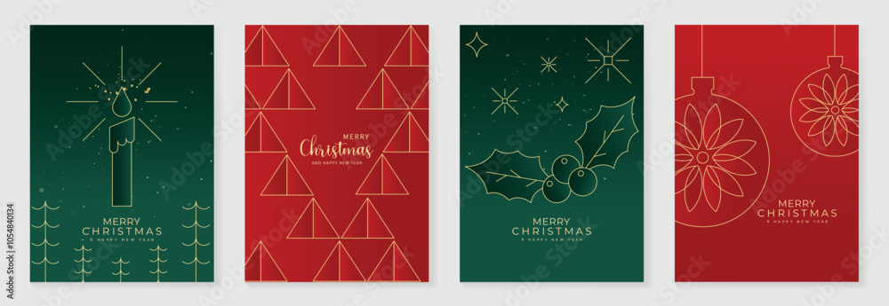 Luxury christmas invitation card art deco design vector. Christmas bauble, holly, candle line art on green and red background. Design illustration for cover, poster, wallpaper.