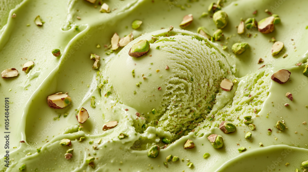 Fototapeta premium Pistachio Ice Cream: A Close-up of Creamy Pistachio Ice Cream with Chopped Pistachios, a Delectable Treat for Dessert Lovers