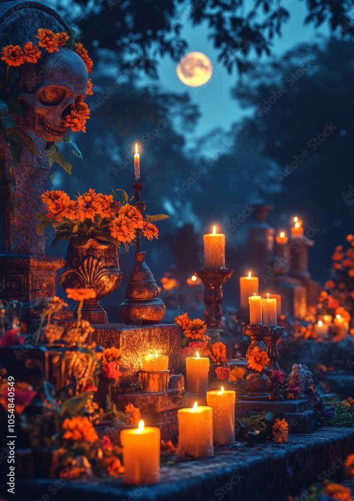 Obraz premium Moonlit Dia de los Muertos Graveyard Candlelit Serenity and Cultural Remembrance