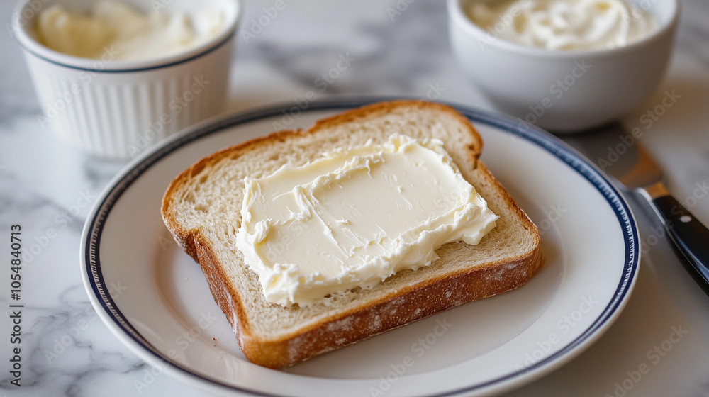 Cream Cheese on Toast: A simple yet delightful image of cream cheese spread on a slice of bread, served on a plate with additional cream cheese in bowls nearby. Perfect for food blogs. Cream Cheese on Toast: A simple yet delightful image of cream cheese spread on a slice of bread, served on a plate with additional cream cheese in bowls nearby. Perfect for food blogs.