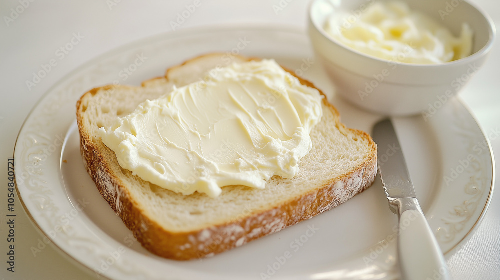 Creamy Delight: A simple slice of white bread topped with a generous spread of creamy butter, ready to be enjoyed. The butter is smooth and glistening, inviting a taste of pure indulgence. Creamy Delight: A simple slice of white bread topped with a generous spread of creamy butter, ready to be enjoyed. The butter is smooth and glistening, inviting a taste of pure indulgence.